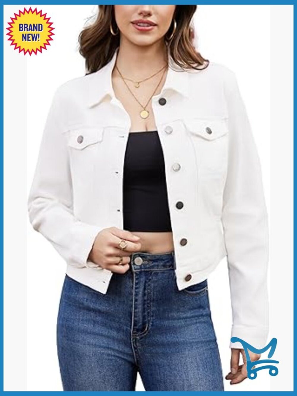 Stretch Cropped Denim Jacket Button Down with Pockets